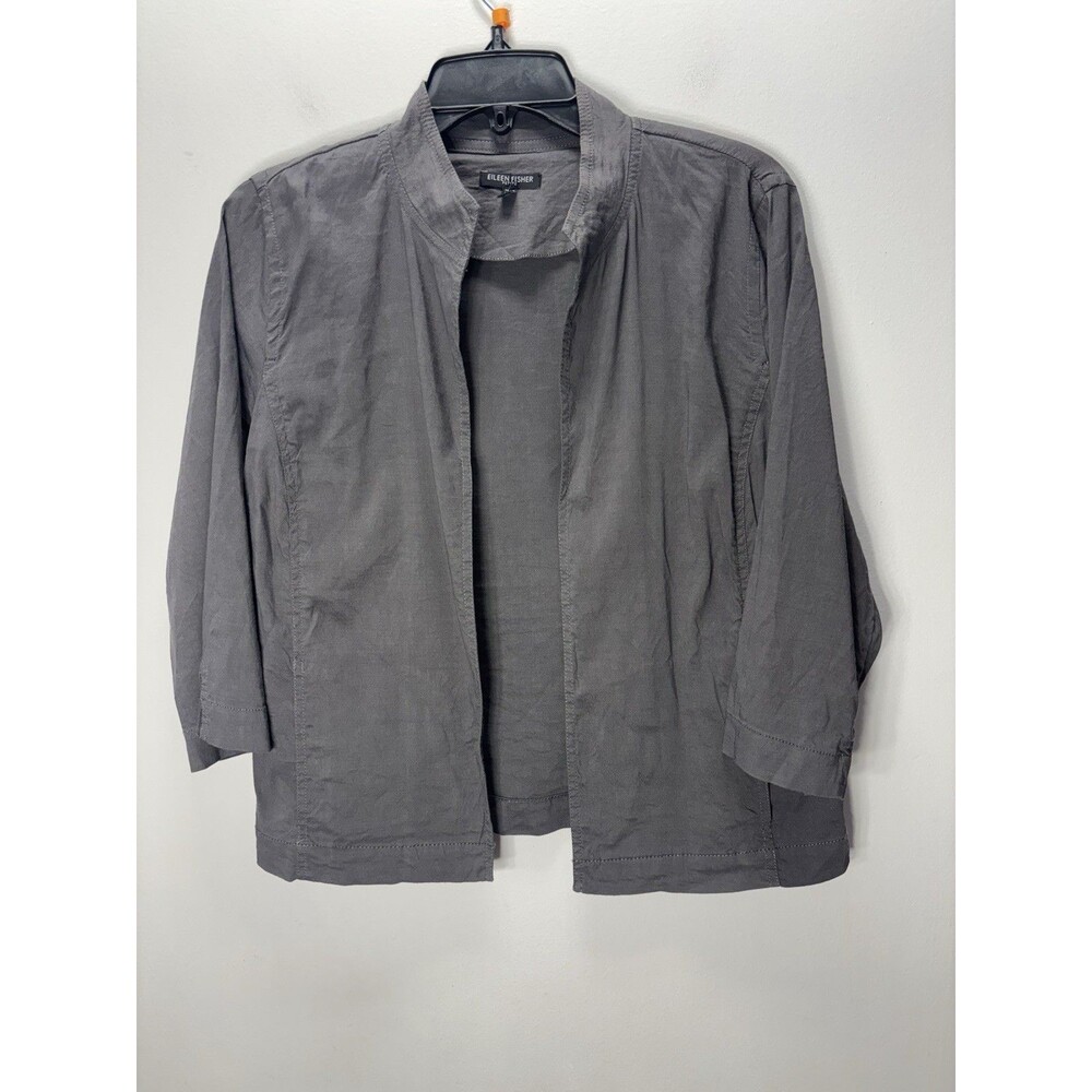 Eileen Fisher Petite Gray Linen Open 3/4 Sleeve Jacket  Lightweight PM Petite M